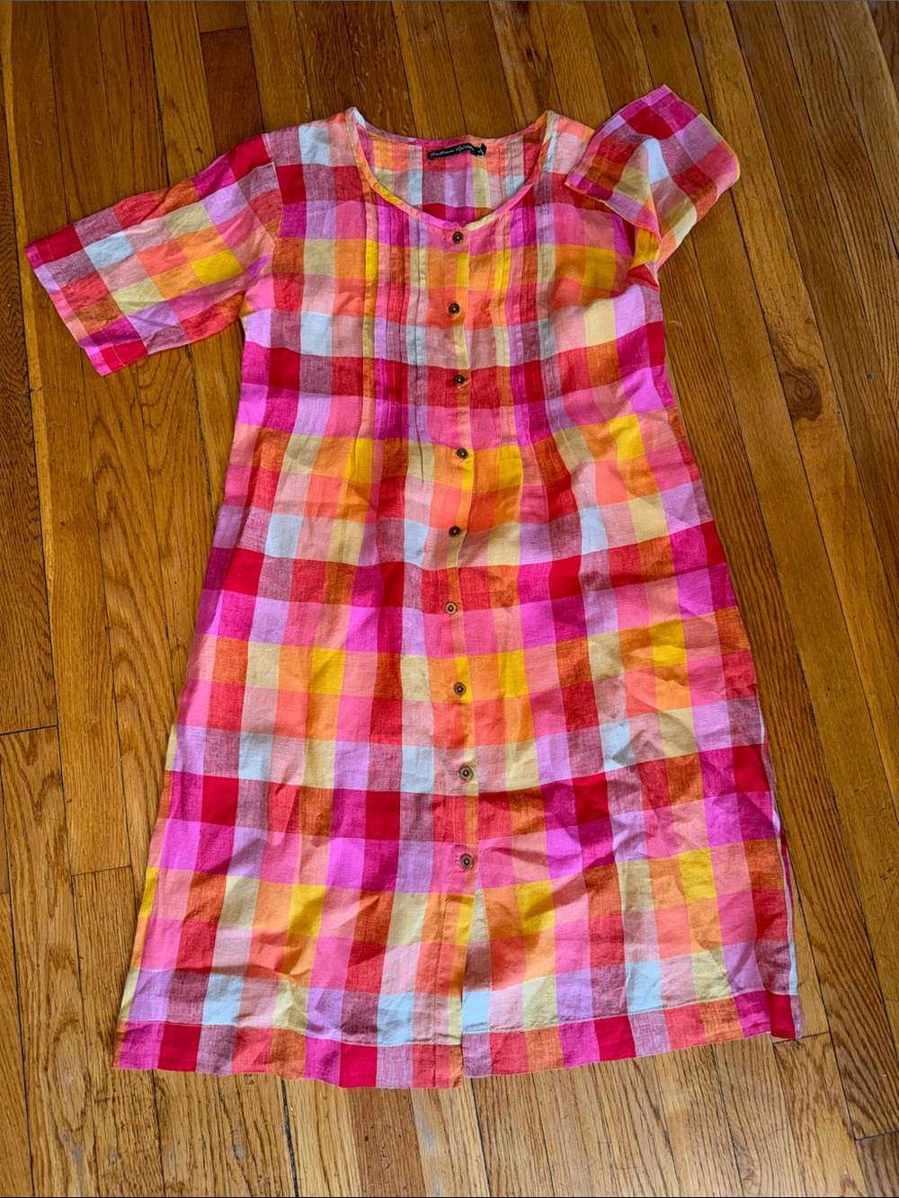 Gudrun Sjoden Pink Multi-Check Button-Front tunic Dress fall plaid M